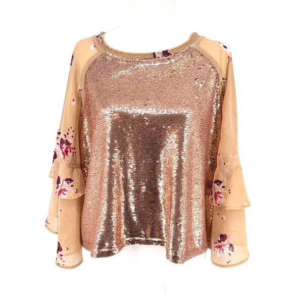 Free People Tops - Gorgeous Free People Shimmy & Shake Sleeve Sequined Blouse Flirty Peach Sz M EUC